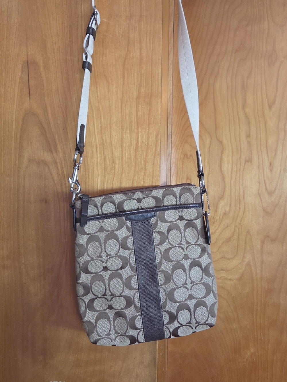 Coach Tan Khaki Signature Crossbody with Brown Trim and White Strap
